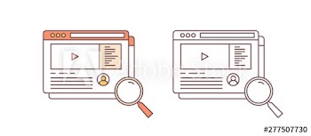 Bundle of windows with online video streaming or broadcasting service and magnifying glass