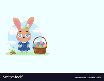 bunny girl in a blue dress with a basket of easter
