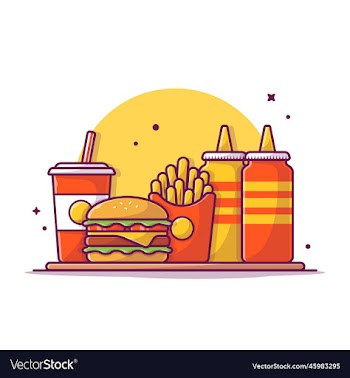 burger french fries and soft drink with mustard