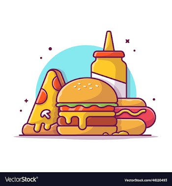 burger hot dog pizza and mustard cartoon