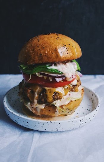 burger with tomato and onion in ceramic plate