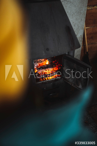 Burning firewood in a fireplace