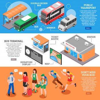 Bus station isometric banners set Free Vector