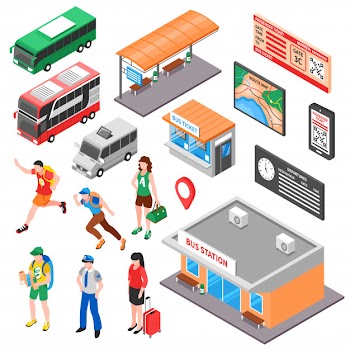 Bus terminal isometric set Free Vector