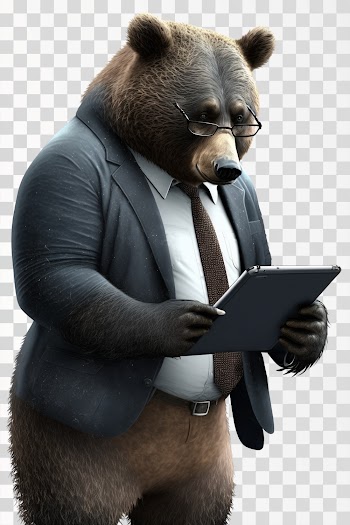 Business Bear in Suit Glasses holding a tablet - PNG transparent background