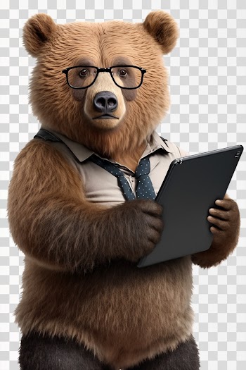 Business Bear in Suit Glasses holding a tablet - PNG transparent background