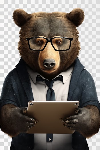 Business Bear in Suit Glasses holding a tablet - PNG transparent background