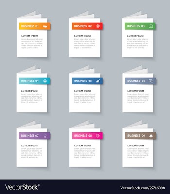 Business infographics book template with 9 data vector image