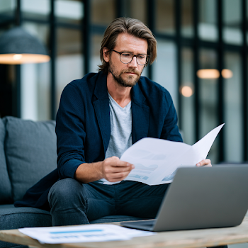 Business Owner Analyzing Financial Growth in Modern Office