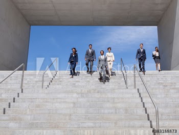 Business people descending sunny steps