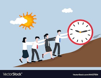business people helping to push rolling down clock