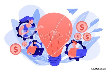 Business people in gears with laptops working and lightbulb