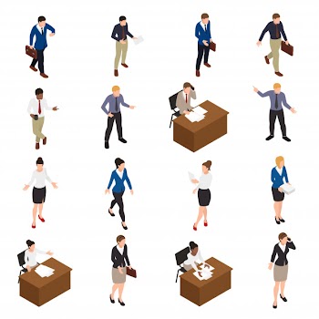Business people isometric icons set with office symbols isolated  illustration Free Vector