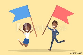 Business people running with two giant flag