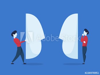 Business people stand behind the giant mask