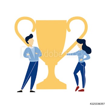 Business people standing with big golden cup