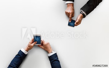 Business people syncing data by mobile phone isolated on white background