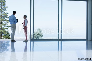 Business people talking at modern patio window