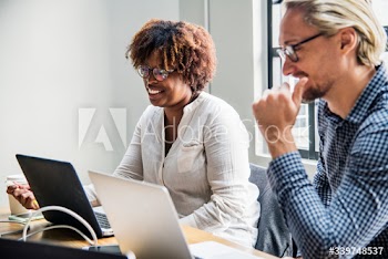 Business people working on laptops during a meeting
