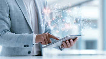 Business Professional Engaging with Holographic Technology