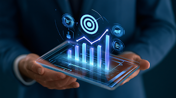 Business Professional with Transparent Tablet and Analytics Dashboard