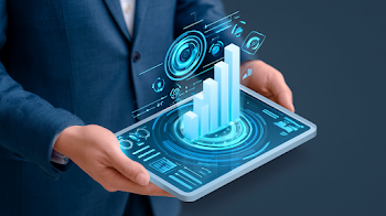 Business Professional with Transparent Tablet Displaying Analytics