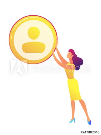 Business woman holding a coin or round golden avatar icon vector illustration