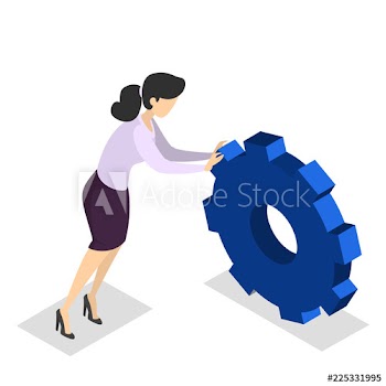 Business woman pushing a giant blue cogwheel