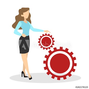 Business woman standing at big red gear