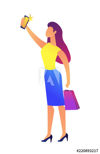 Business woman with shopping bag taking selfie with smartphone vector illustration