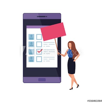 business woman with smartphone for vote online design