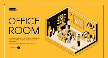 Business workplace organization and design isometric vector web banner. Free Vector