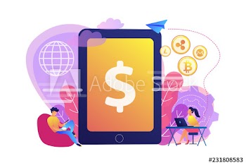 Businessman and woman transfer money with gadgets