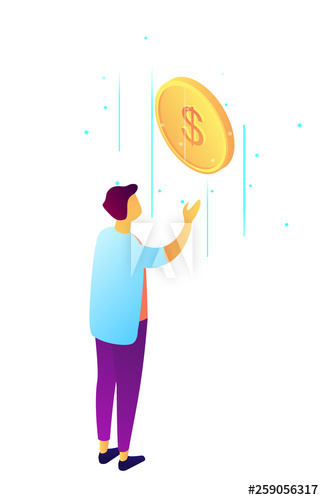Businessman catches falling dollar coin, tiny people isometric 3D illustration