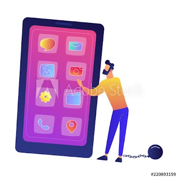 Businessman chained to huge smartphone vector illustration