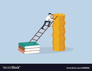 businessman climb up from books to coin stack
