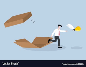 businessman coming out of box to chase light bulb
