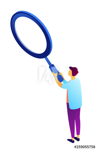 Businessman holding a big magnifying glass, tiny people isometric 3D illustration