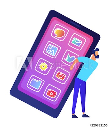 Businessman holding a big mobile phone with apps icons vector illustration