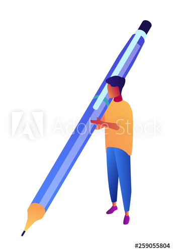 Businessman holding big pen and writing, tiny people isometric 3D illustration