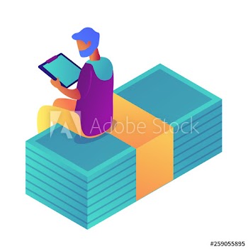 Businessman holding clipboard and sitting on stack of banknotes, tiny people isometric 3D illustration