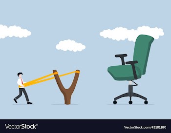 businessman in slingshot aiming for big chair