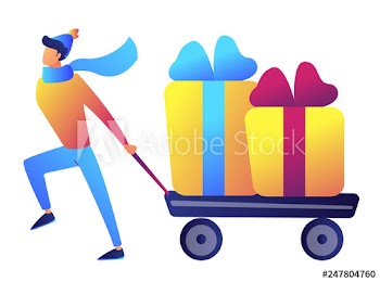 Businessman in winter clothes pulling a trolley or cart with gift boxes vector illustration