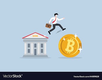 businessman jump from bank to giant bitcoin