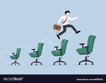 businessman jumps from small chair to larger chair