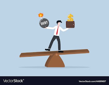 businessman on seesaw with debt and income