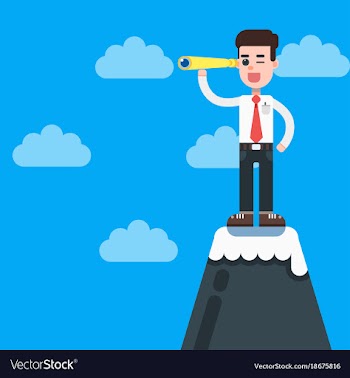 Businessman on top of mountain with telescope vector image