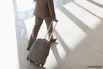 Businessman pulling suitcase in sunny corridor