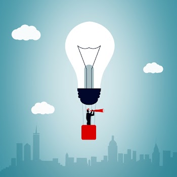  Businessman riding hot air ballon and scanning horizon - Busines 