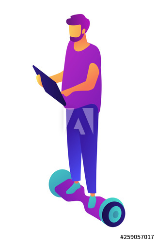 Businessman riding hoverboard and holding a tablet, tiny people isometric 3D illustration